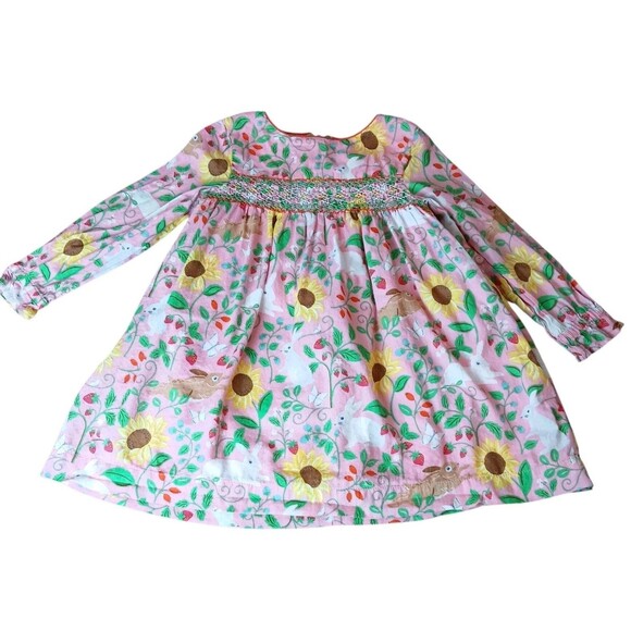Mini Boden Pink Floral Bunnies Summer Sunflowers Dress Size 2-3Y Embroidered Euc - Picture 3 of 16